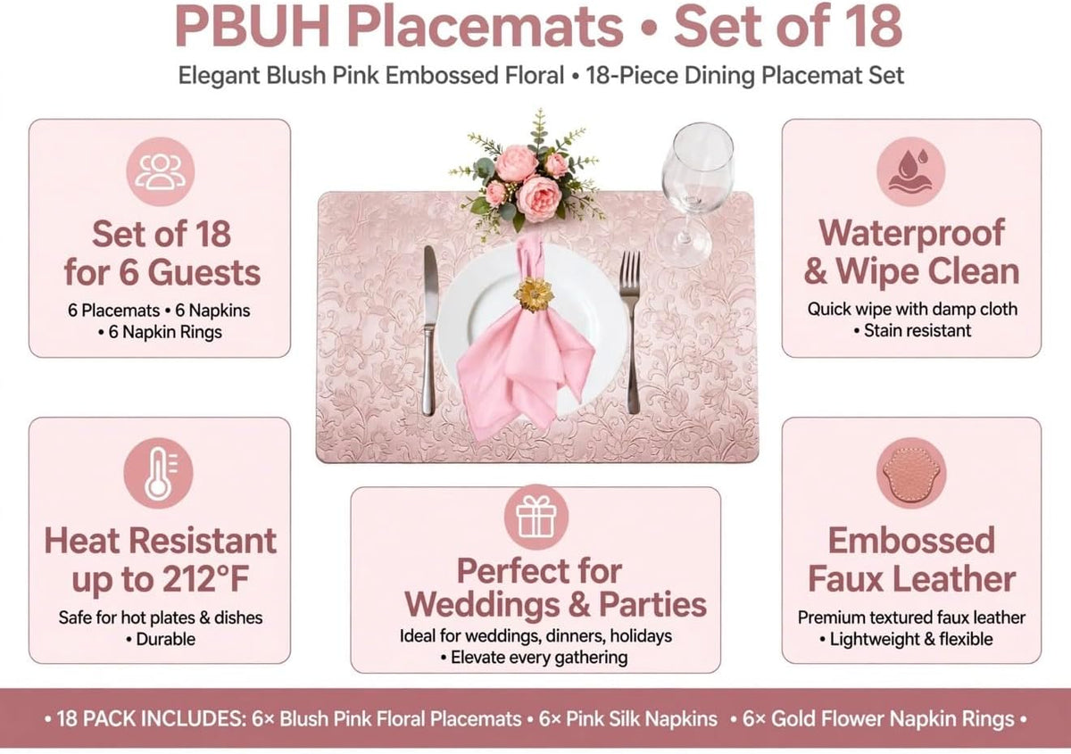 PBUH Pink Placemats 18 pcs Heat Resistant+ Non Slip+Washable (6 placemats 6 Silk Fabric Napkin, 6 Golden Flower Metal Ring)