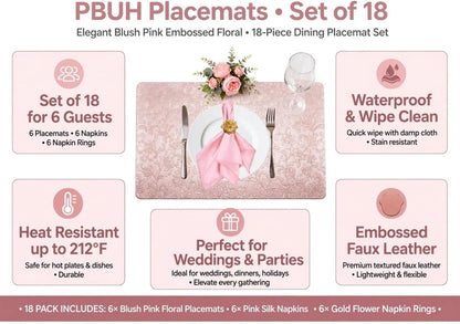 PBUH Pink Placemats 18 pcs Heat Resistant+ Non Slip+Washable (6 placemats 6 Silk Fabric Napkin, 6 Golden Flower Metal Ring)