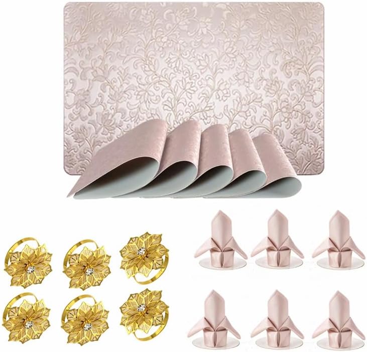 PBUH Pink Placemats 18 pcs Heat Resistant+ Non Slip+Washable (6 placemats 6 Silk Fabric Napkin, 6 Golden Flower Metal Ring)