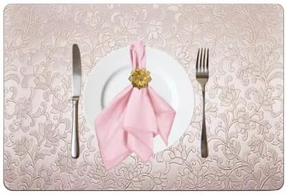 PBUH Pink Placemats 18 pcs Heat Resistant+ Non Slip+Washable (6 placemats 6 Silk Fabric Napkin, 6 Golden Flower Metal Ring)