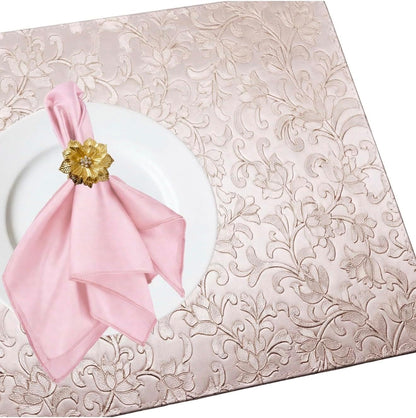 PBUH Pink Placemats 18 pcs Heat Resistant+ Non Slip+Washable (6 placemats 6 Silk Fabric Napkin, 6 Golden Flower Metal Ring)