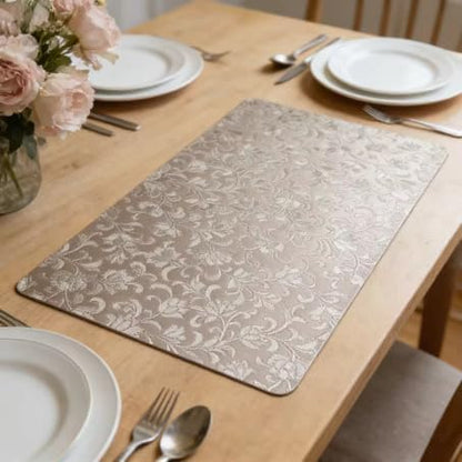 PBUH Pink Placemats 18 pcs Heat Resistant+ Non Slip+Washable (6 placemats 6 Silk Fabric Napkin, 6 Golden Flower Metal Ring)