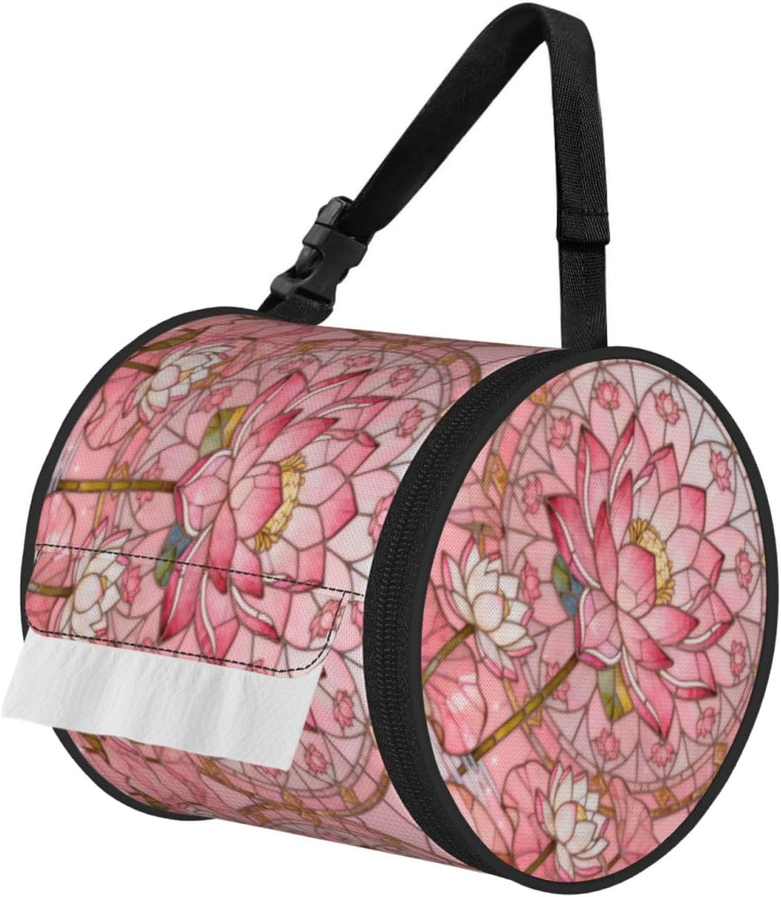 Round Tissue Holder Bag Car Hanging Tissue Boxes Cover with Adjustable Strap Foldable Roll Storage Bags with Zipper Tissues Case Organizer for Home Decor Toilet Office(Art Pink Lotus)
