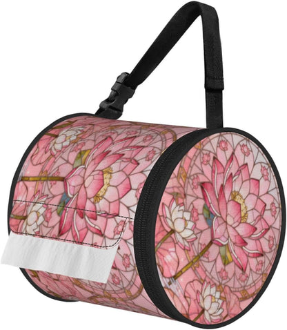 Round Tissue Holder Bag Car Hanging Tissue Boxes Cover with Adjustable Strap Foldable Roll Storage Bags with Zipper Tissues Case Organizer for Home Decor Toilet Office(Art Pink Lotus)