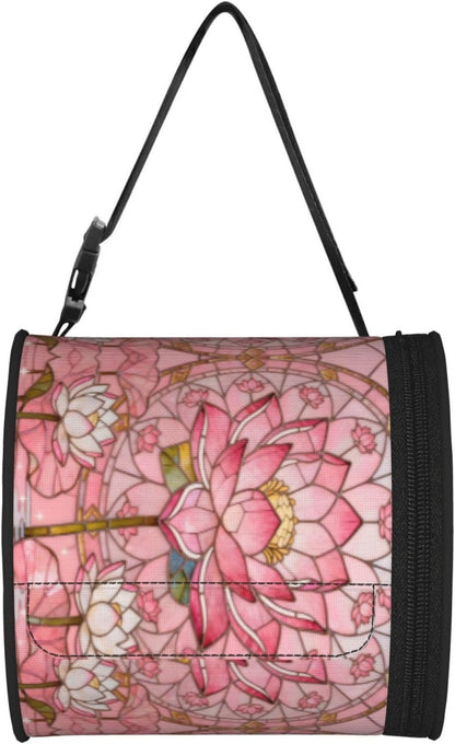 Round Tissue Holder Bag Car Hanging Tissue Boxes Cover with Adjustable Strap Foldable Roll Storage Bags with Zipper Tissues Case Organizer for Home Decor Toilet Office(Art Pink Lotus)