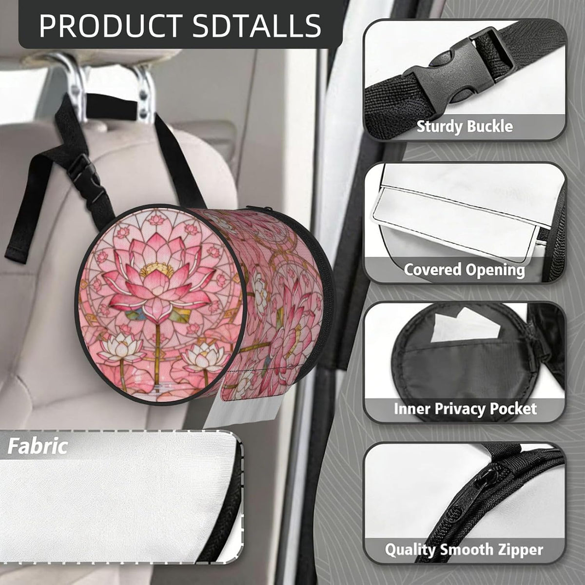 Round Tissue Holder Bag Car Hanging Tissue Boxes Cover with Adjustable Strap Foldable Roll Storage Bags with Zipper Tissues Case Organizer for Home Decor Toilet Office(Art Pink Lotus)