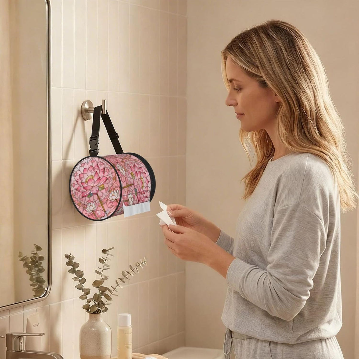 Round Tissue Holder Bag Car Hanging Tissue Boxes Cover with Adjustable Strap Foldable Roll Storage Bags with Zipper Tissues Case Organizer for Home Decor Toilet Office(Art Pink Lotus)