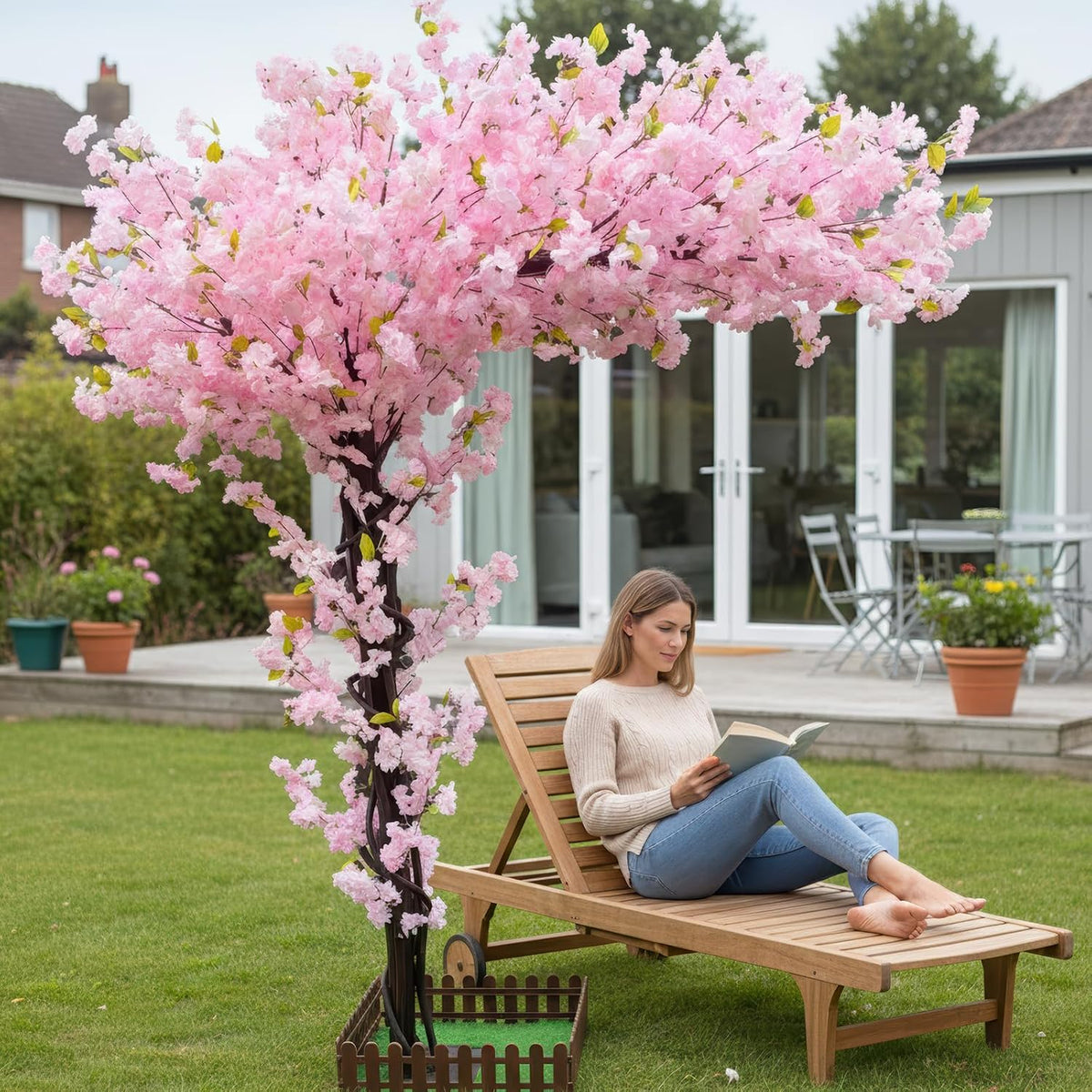 6FT Artificial Pink Cherry Blossom Tree, Faux Pink Cherry Blossom Tree with Dense Flowers and Sturdy Base, Indoor Fake Sakura Plant for Home Decor Living Room Office Wedding Party Event