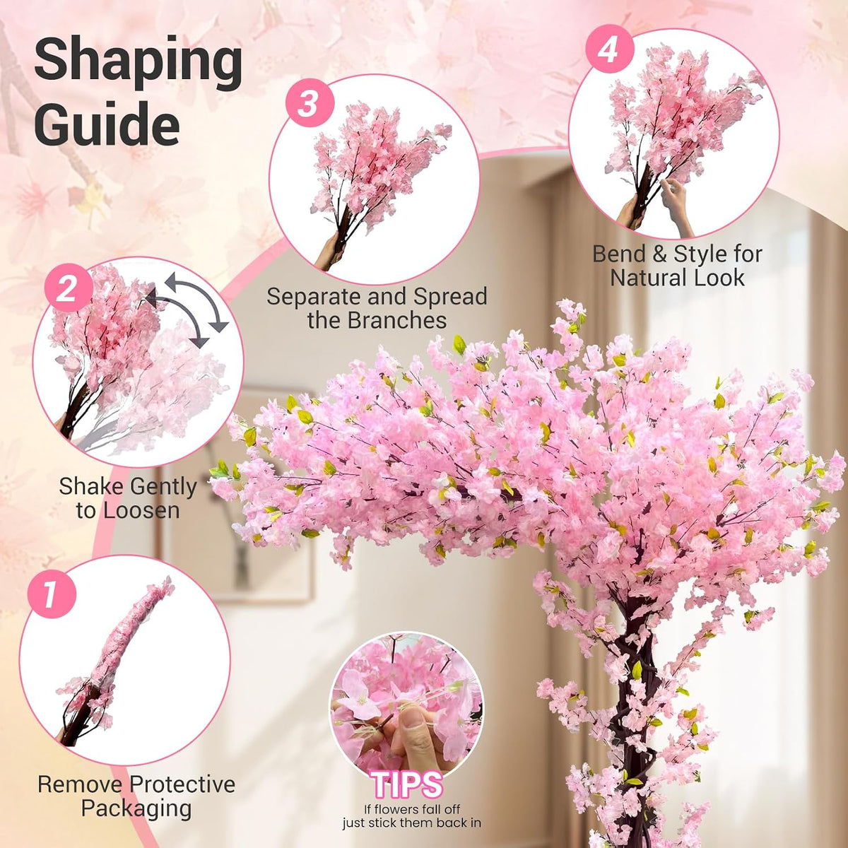 6FT Artificial Pink Cherry Blossom Tree, Faux Pink Cherry Blossom Tree with Dense Flowers and Sturdy Base, Indoor Fake Sakura Plant for Home Decor Living Room Office Wedding Party Event
