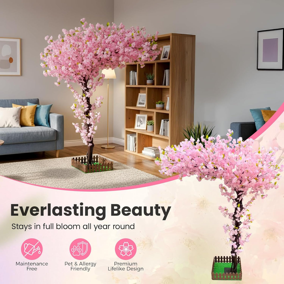 6FT Artificial Pink Cherry Blossom Tree, Faux Pink Cherry Blossom Tree with Dense Flowers and Sturdy Base, Indoor Fake Sakura Plant for Home Decor Living Room Office Wedding Party Event