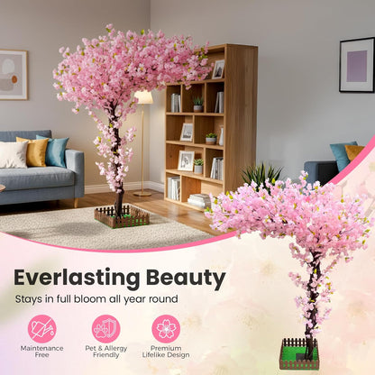 6FT Artificial Pink Cherry Blossom Tree, Faux Pink Cherry Blossom Tree with Dense Flowers and Sturdy Base, Indoor Fake Sakura Plant for Home Decor Living Room Office Wedding Party Event