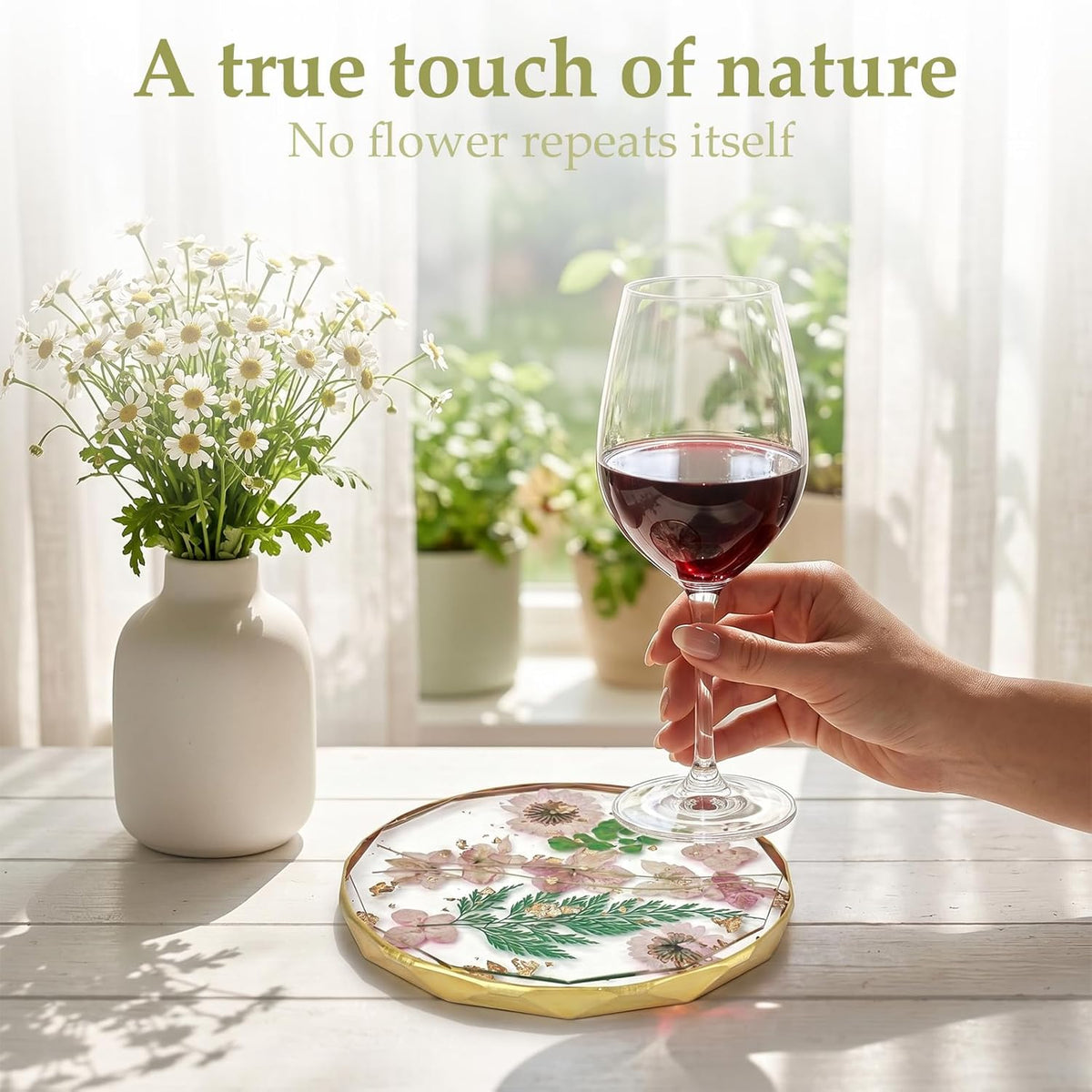 Resin Coaster with Real Dried Flowers, Pink