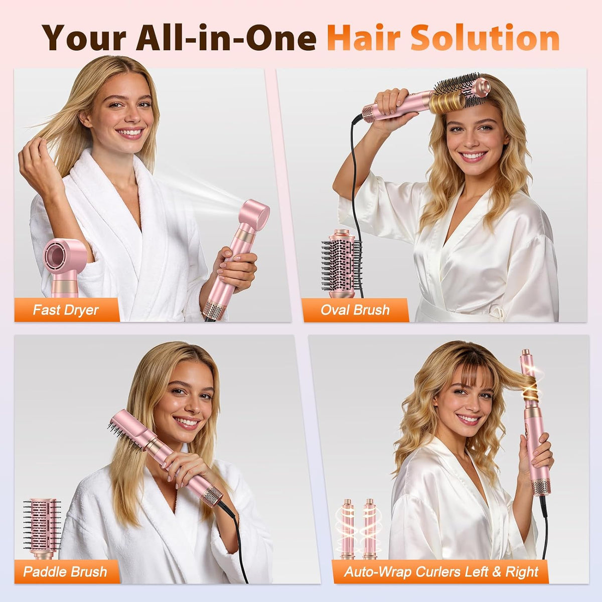 5 in 1 Blow Dryer Brush Set, Upgrade Hair Dryer & Blow Dryer Brush & Air Curling Wrap & Paddle Brush, Detachable Hot Air Brush Styling Tools, High Speed Travel Hair Volumizer Straightener Curler Pink
