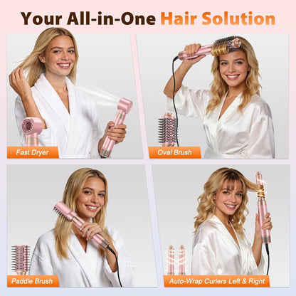 5 in 1 Blow Dryer Brush Set, Upgrade Hair Dryer & Blow Dryer Brush & Air Curling Wrap & Paddle Brush, Detachable Hot Air Brush Styling Tools, High Speed Travel Hair Volumizer Straightener Curler Pink