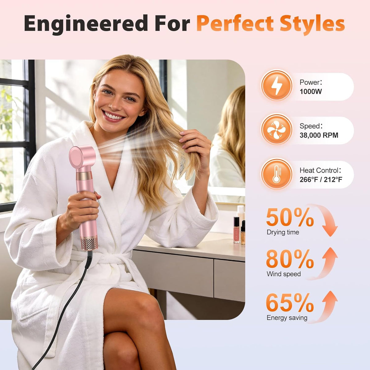 5 in 1 Blow Dryer Brush Set, Upgrade Hair Dryer & Blow Dryer Brush & Air Curling Wrap & Paddle Brush, Detachable Hot Air Brush Styling Tools, High Speed Travel Hair Volumizer Straightener Curler Pink