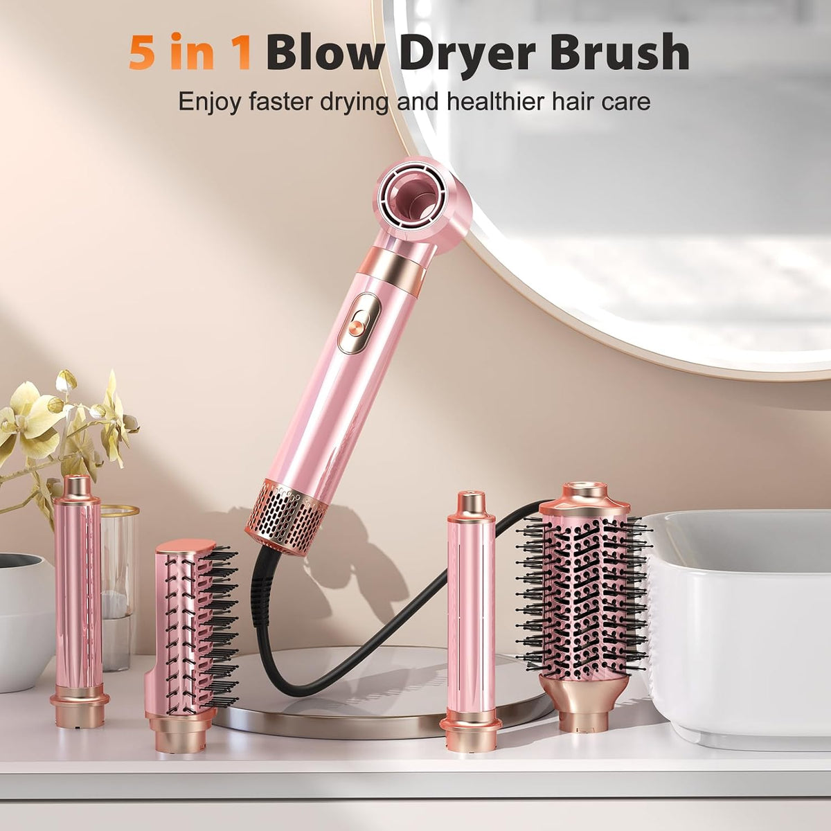 5 in 1 Blow Dryer Brush Set, Upgrade Hair Dryer & Blow Dryer Brush & Air Curling Wrap & Paddle Brush, Detachable Hot Air Brush Styling Tools, High Speed Travel Hair Volumizer Straightener Curler Pink
