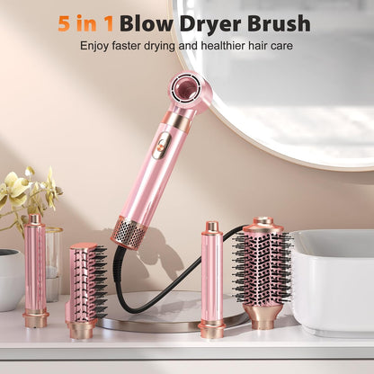 5 in 1 Blow Dryer Brush Set, Upgrade Hair Dryer & Blow Dryer Brush & Air Curling Wrap & Paddle Brush, Detachable Hot Air Brush Styling Tools, High Speed Travel Hair Volumizer Straightener Curler Pink