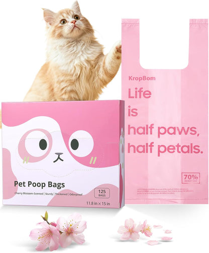 125 Count Cat Poop Bags Cherry Blossom Scented with Handles, Disposable Litter Bags for Pet Poop, Dog Kitty Waste Bags Extra-Thick Easy Tie Leak-Proof Strengthen, Pink