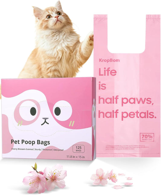 125 Count Cat Poop Bags Cherry Blossom Scented with Handles, Disposable Litter Bags for Pet Poop, Dog Kitty Waste Bags Extra-Thick Easy Tie Leak-Proof Strengthen, Pink