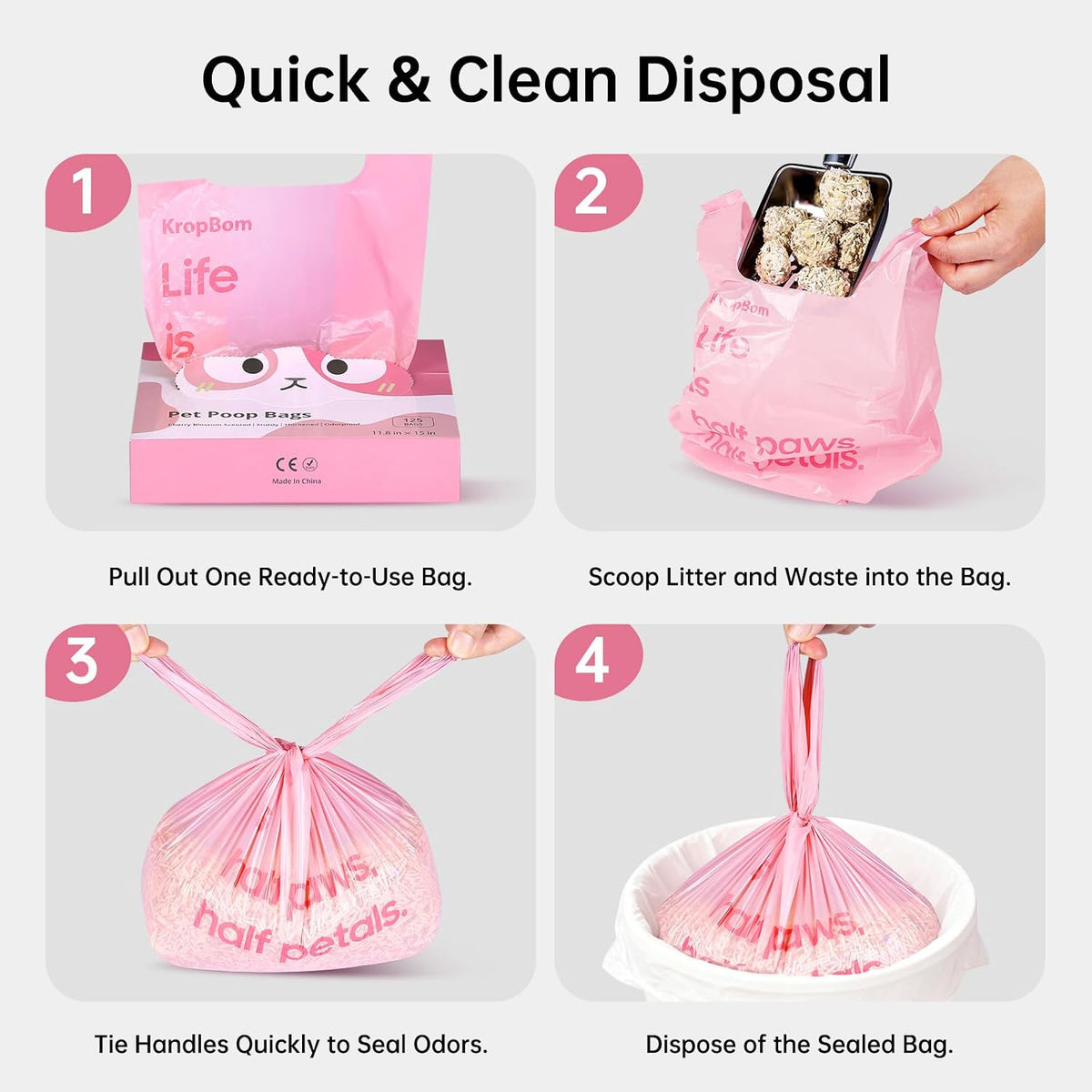 125 Count Cat Poop Bags Cherry Blossom Scented with Handles, Disposable Litter Bags for Pet Poop, Dog Kitty Waste Bags Extra-Thick Easy Tie Leak-Proof Strengthen, Pink