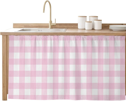 Farmhouse Checked Sink Skirt for Bathroom, Self-Adhesive Under Sink Curtain, Light Pink Buffalo Plaid Pastoral Hide Pipes & Storage Fabric Cabinet Skirt Cover for Kitchen Laundry 32"x55"
