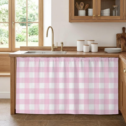 Farmhouse Checked Sink Skirt for Bathroom, Self-Adhesive Under Sink Curtain, Light Pink Buffalo Plaid Pastoral Hide Pipes & Storage Fabric Cabinet Skirt Cover for Kitchen Laundry 32"x55"