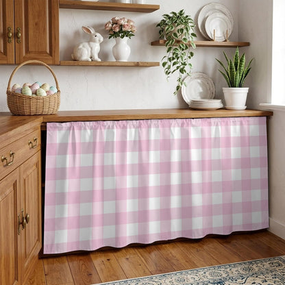 Farmhouse Checked Sink Skirt for Bathroom, Self-Adhesive Under Sink Curtain, Light Pink Buffalo Plaid Pastoral Hide Pipes & Storage Fabric Cabinet Skirt Cover for Kitchen Laundry 32"x55"