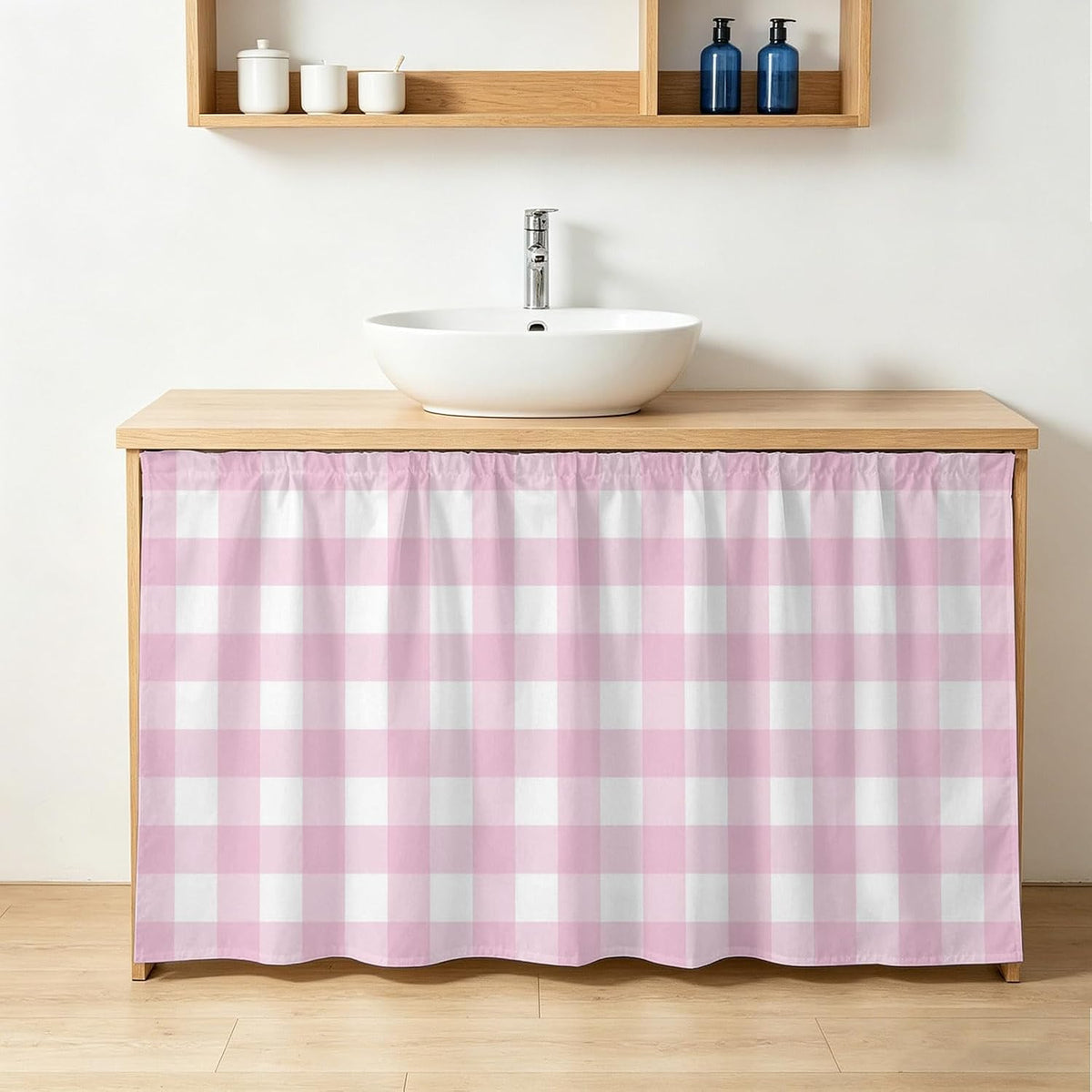 Farmhouse Checked Sink Skirt for Bathroom, Self-Adhesive Under Sink Curtain, Light Pink Buffalo Plaid Pastoral Hide Pipes & Storage Fabric Cabinet Skirt Cover for Kitchen Laundry 32"x55"
