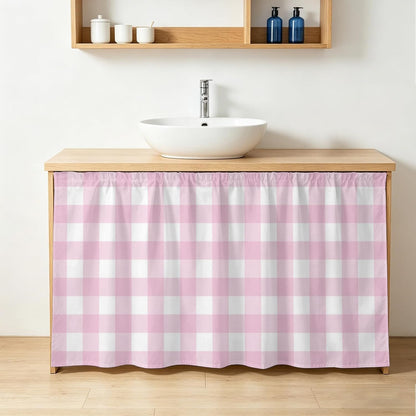 Farmhouse Checked Sink Skirt for Bathroom, Self-Adhesive Under Sink Curtain, Light Pink Buffalo Plaid Pastoral Hide Pipes & Storage Fabric Cabinet Skirt Cover for Kitchen Laundry 32"x55"