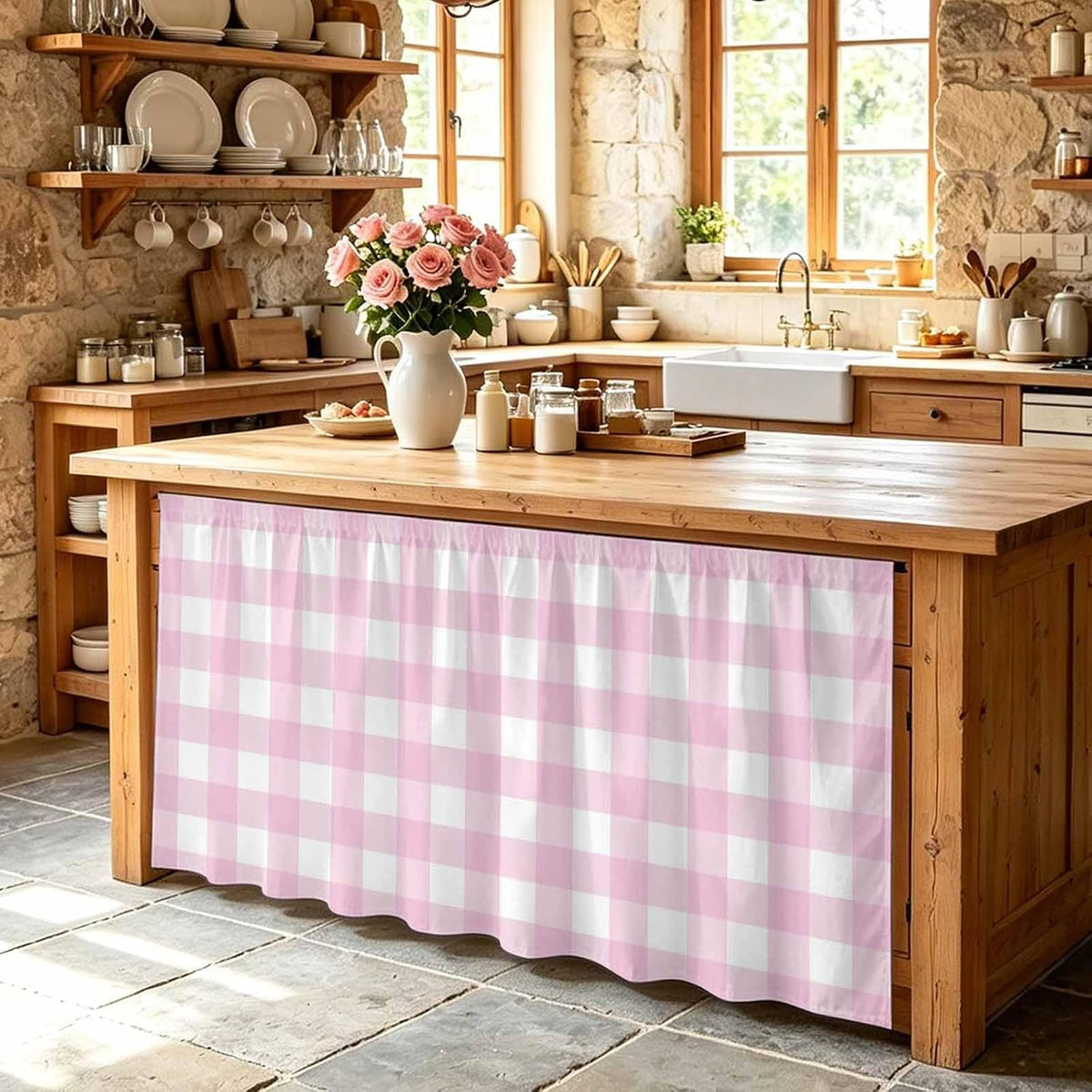 Farmhouse Checked Sink Skirt for Bathroom, Self-Adhesive Under Sink Curtain, Light Pink Buffalo Plaid Pastoral Hide Pipes & Storage Fabric Cabinet Skirt Cover for Kitchen Laundry 32"x55"