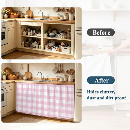 Farmhouse Checked Sink Skirt for Bathroom, Self-Adhesive Under Sink Curtain, Light Pink Buffalo Plaid Pastoral Hide Pipes & Storage Fabric Cabinet Skirt Cover for Kitchen Laundry 32"x55"