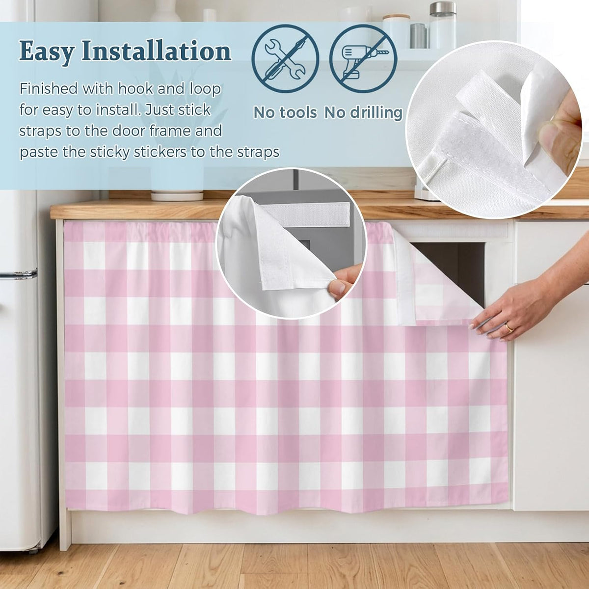 Farmhouse Checked Sink Skirt for Bathroom, Self-Adhesive Under Sink Curtain, Light Pink Buffalo Plaid Pastoral Hide Pipes & Storage Fabric Cabinet Skirt Cover for Kitchen Laundry 32"x55"