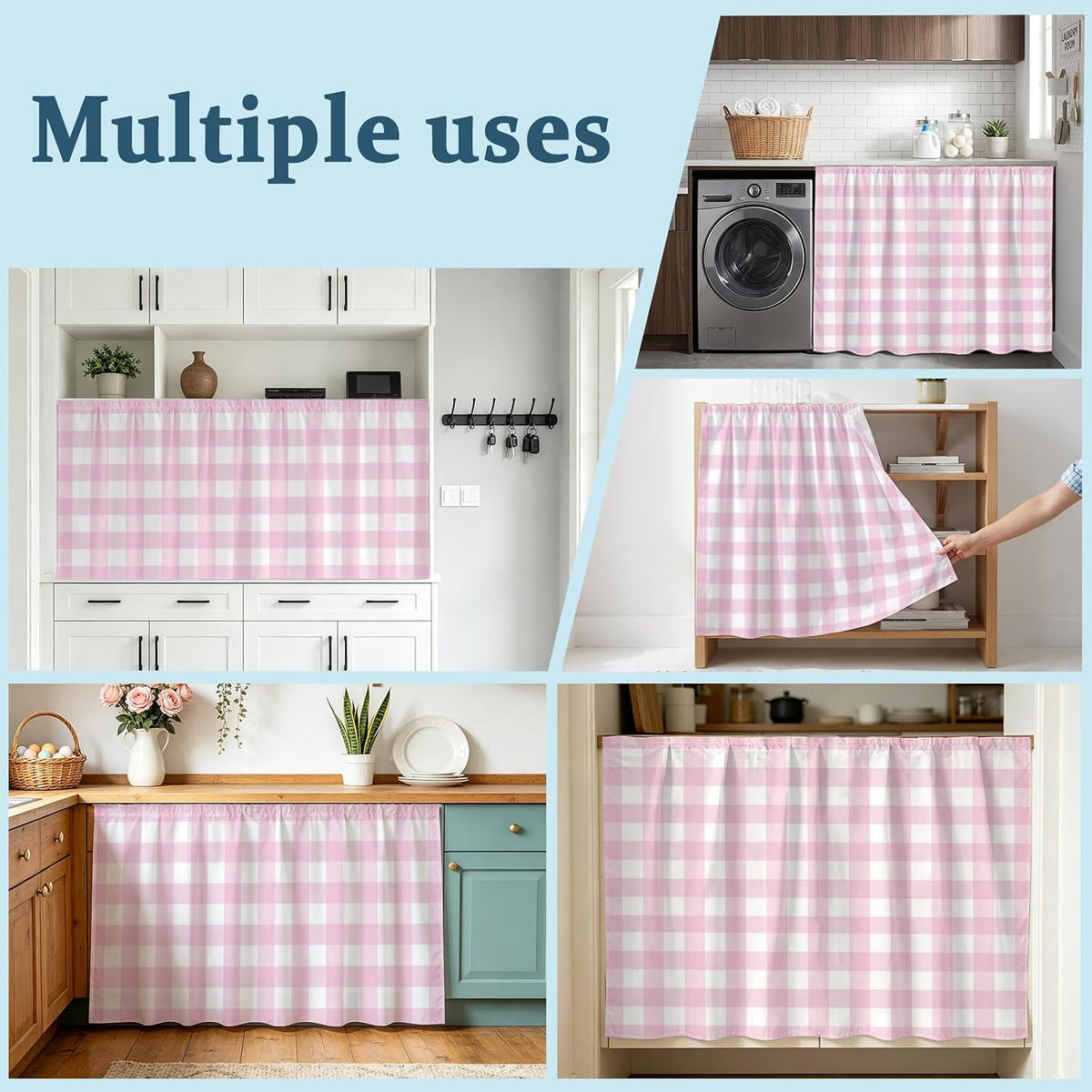 Farmhouse Checked Sink Skirt for Bathroom, Self-Adhesive Under Sink Curtain, Light Pink Buffalo Plaid Pastoral Hide Pipes & Storage Fabric Cabinet Skirt Cover for Kitchen Laundry 32"x55"