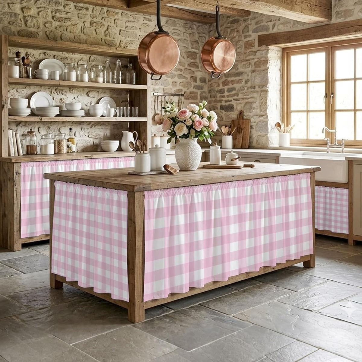 Farmhouse Checked Sink Skirt for Bathroom, Self-Adhesive Under Sink Curtain, Light Pink Buffalo Plaid Pastoral Hide Pipes & Storage Fabric Cabinet Skirt Cover for Kitchen Laundry 32"x55"