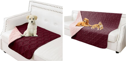 Waterproof Dog Blanket, Small Pet Couch Covers for Sofa, Chair Bed Furniture Protector from Dogs Washable and Reversible-(30"x30",Burgundy+Pink and 52"x82", Burgundy+Pink)