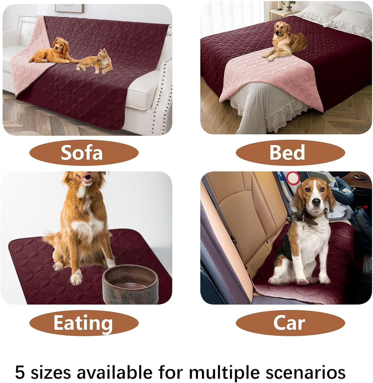 Waterproof Dog Blanket, Small Pet Couch Covers for Sofa, Chair Bed Furniture Protector from Dogs Washable and Reversible-(30"x30",Burgundy+Pink and 52"x82", Burgundy+Pink)