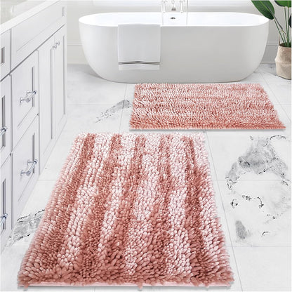 Bathroom Rugs Mats Set 2 Piece Pink Butter Chenille, Cute Bath Mat Rug Shiny Noodle with Non Slip Backing, Super Water Absorbent Machine Washable 31x20 and 24x16 Inch