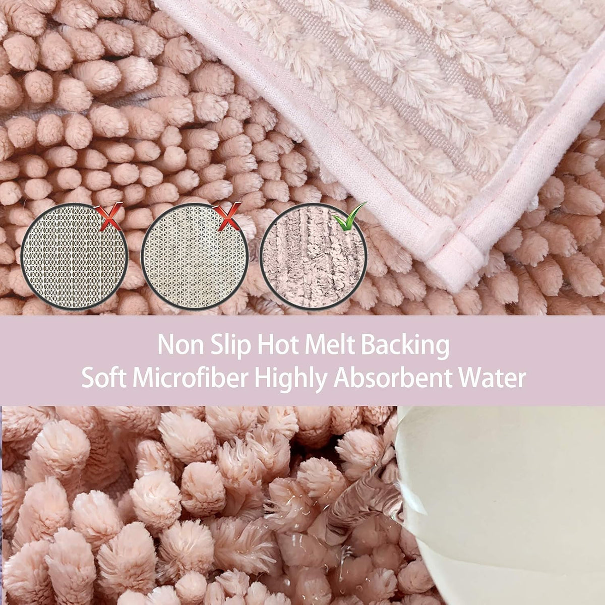 Bathroom Rugs Mats Set 2 Piece Pink Butter Chenille, Cute Bath Mat Rug Shiny Noodle with Non Slip Backing, Super Water Absorbent Machine Washable 31x20 and 24x16 Inch