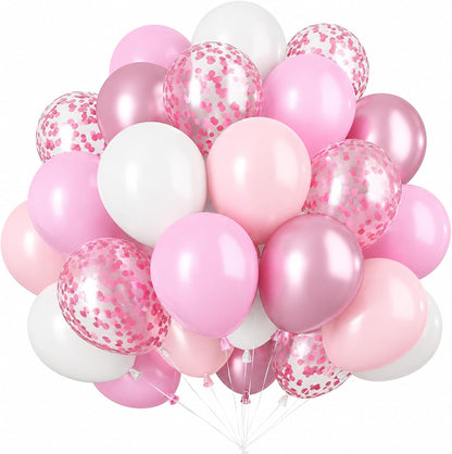 Pink and White Balloons, 12 Inch Pink White Metallic Chrome Pink Confetti