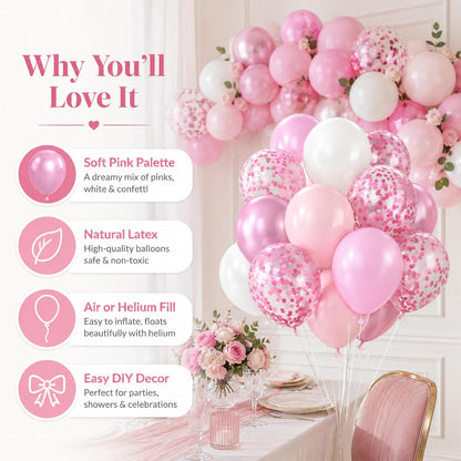 Pink and White Balloons, 12 Inch Pink White Metallic Chrome Pink Confetti