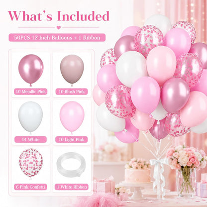 Pink and White Balloons, 12 Inch Pink White Metallic Chrome Pink Confetti