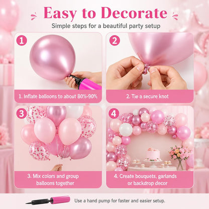 Pink and White Balloons, 12 Inch Pink White Metallic Chrome Pink Confetti