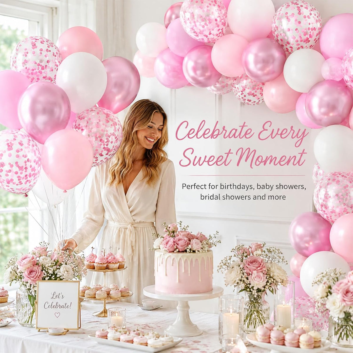 Pink and White Balloons, 12 Inch Pink White Metallic Chrome Pink Confetti