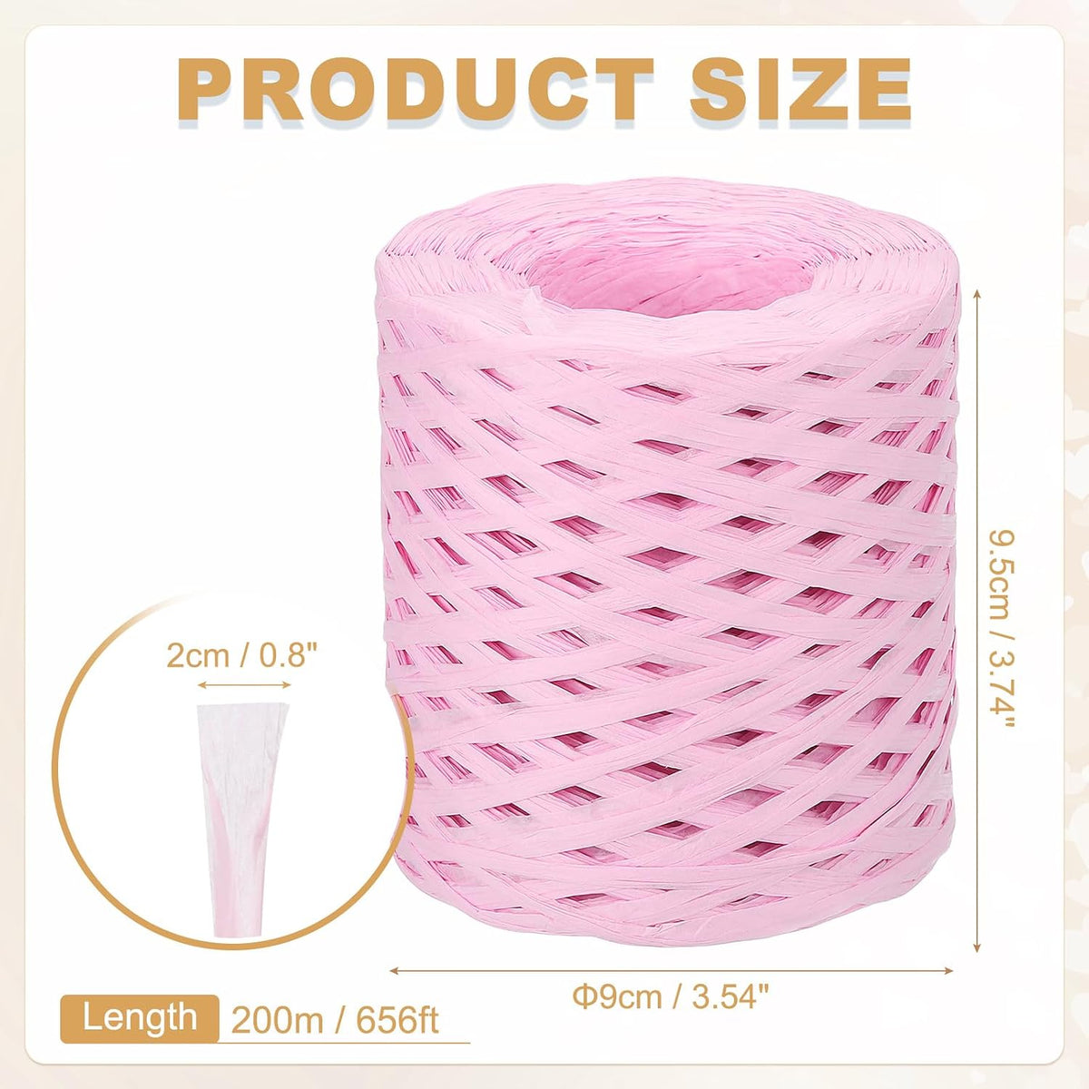 Raffia Paper Craft Ribbon 200m/656ft Raffia Ribbon String Kraft Packing for Gift Wrapping, Crafting Supplies (Pink)