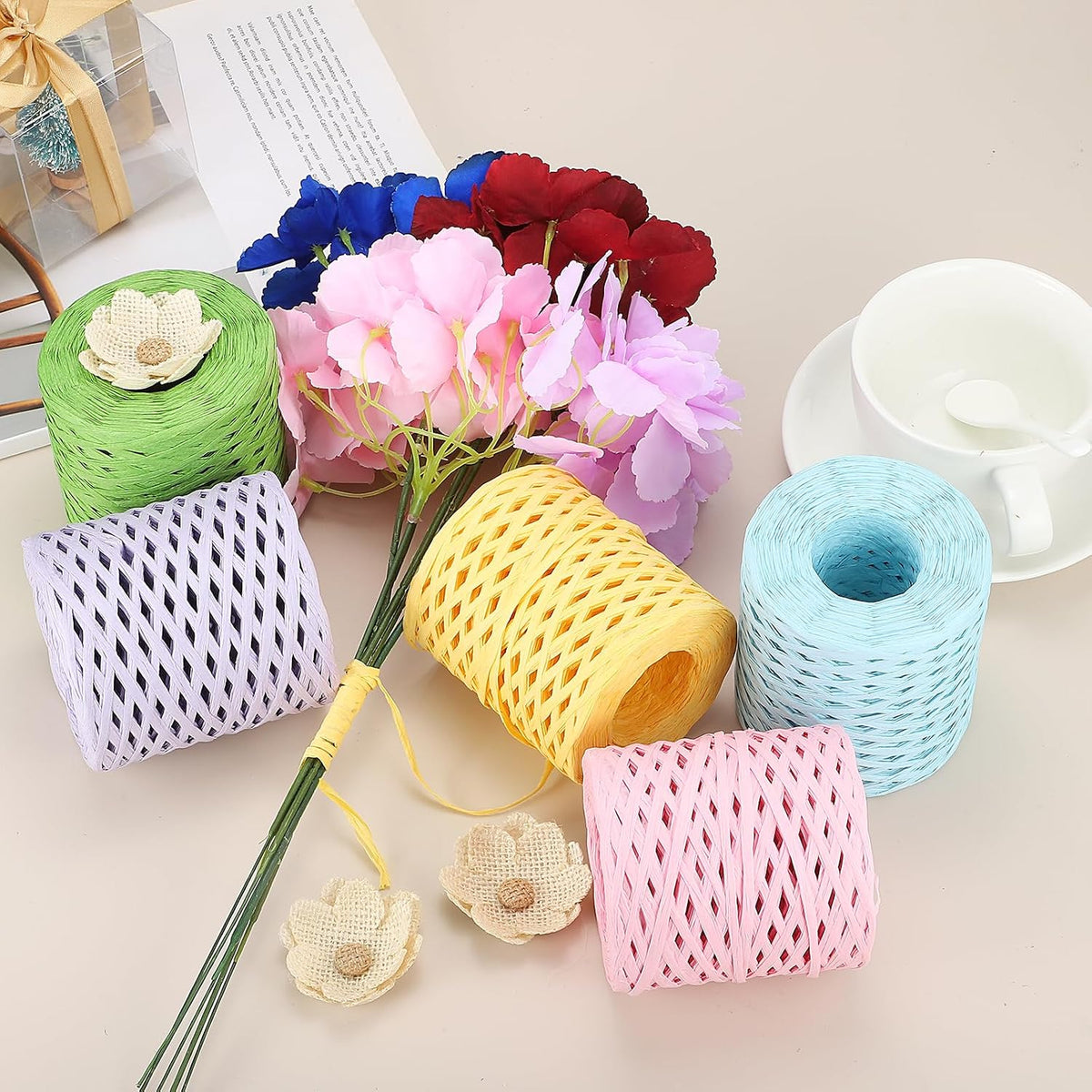 Raffia Paper Craft Ribbon 200m/656ft Raffia Ribbon String Kraft Packing for Gift Wrapping, Crafting Supplies (Pink)
