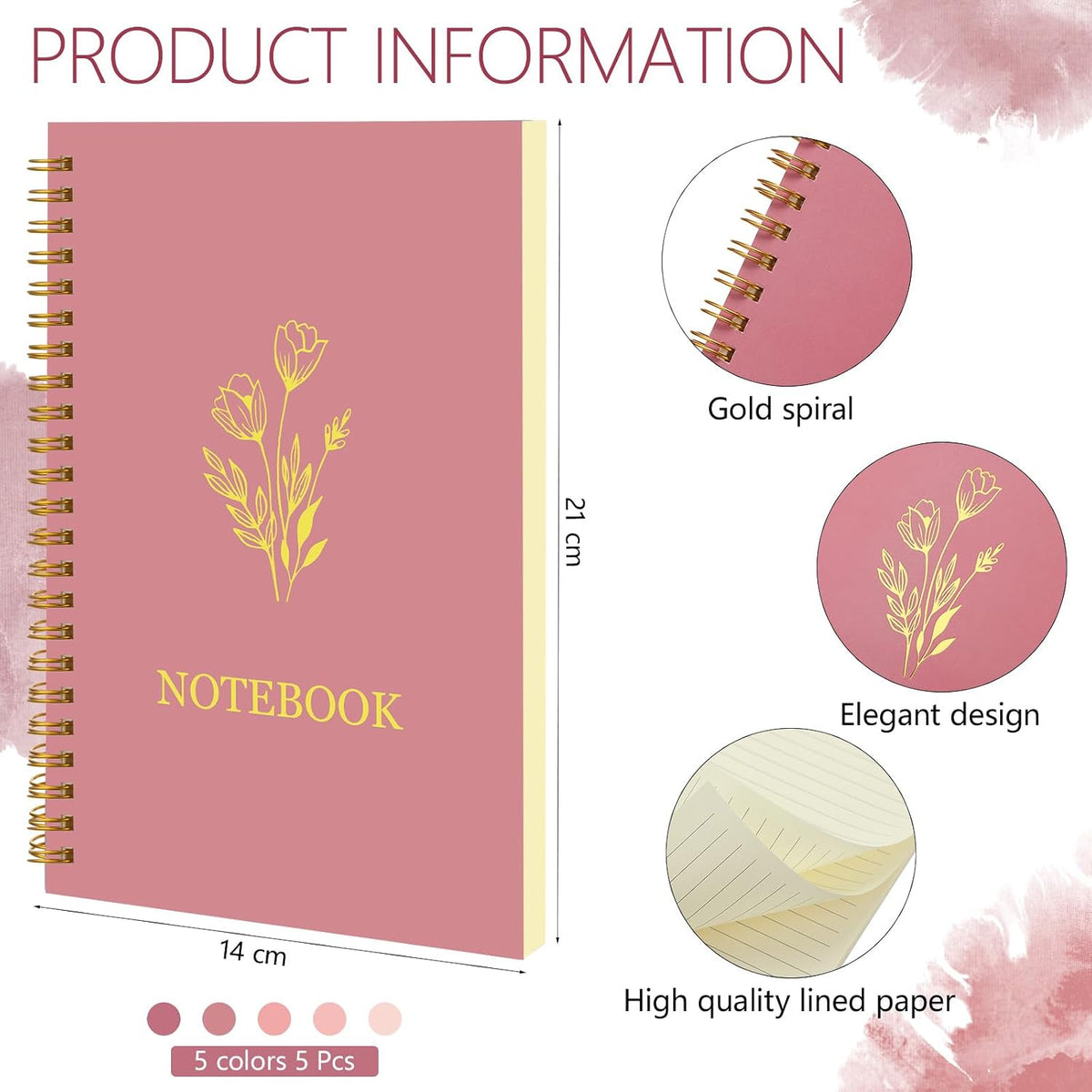 5 Pack Spiral Notebook Aesthetic School Supplies A5 Wide Ruled 160 Pages/ 80 Sheets Cute Notebook for Work Students School Office Supplies(Gradient Pink,Classic)