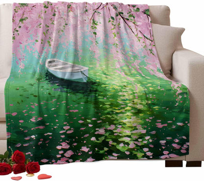 Fleece Throw Blanket, Watercolor Pink Flower Leaves Small Boat Lightweight Warm Coverlet Cozy Soft Flannel Blankets for Couch Bed Sofa Camping for All Seasons Green Lake Water