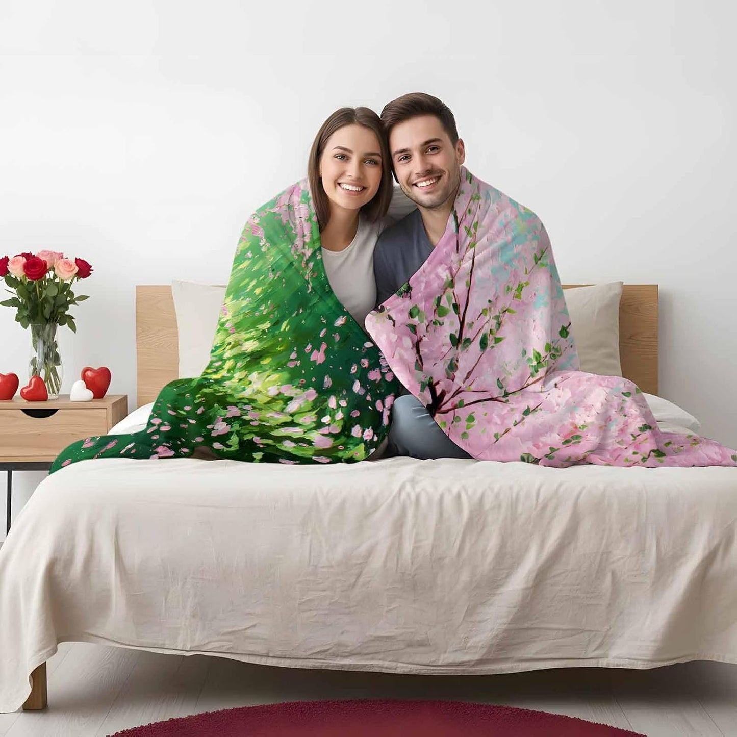 Fleece Throw Blanket, Watercolor Pink Flower Leaves Small Boat Lightweight Warm Coverlet Cozy Soft Flannel Blankets for Couch Bed Sofa Camping for All Seasons Green Lake Water