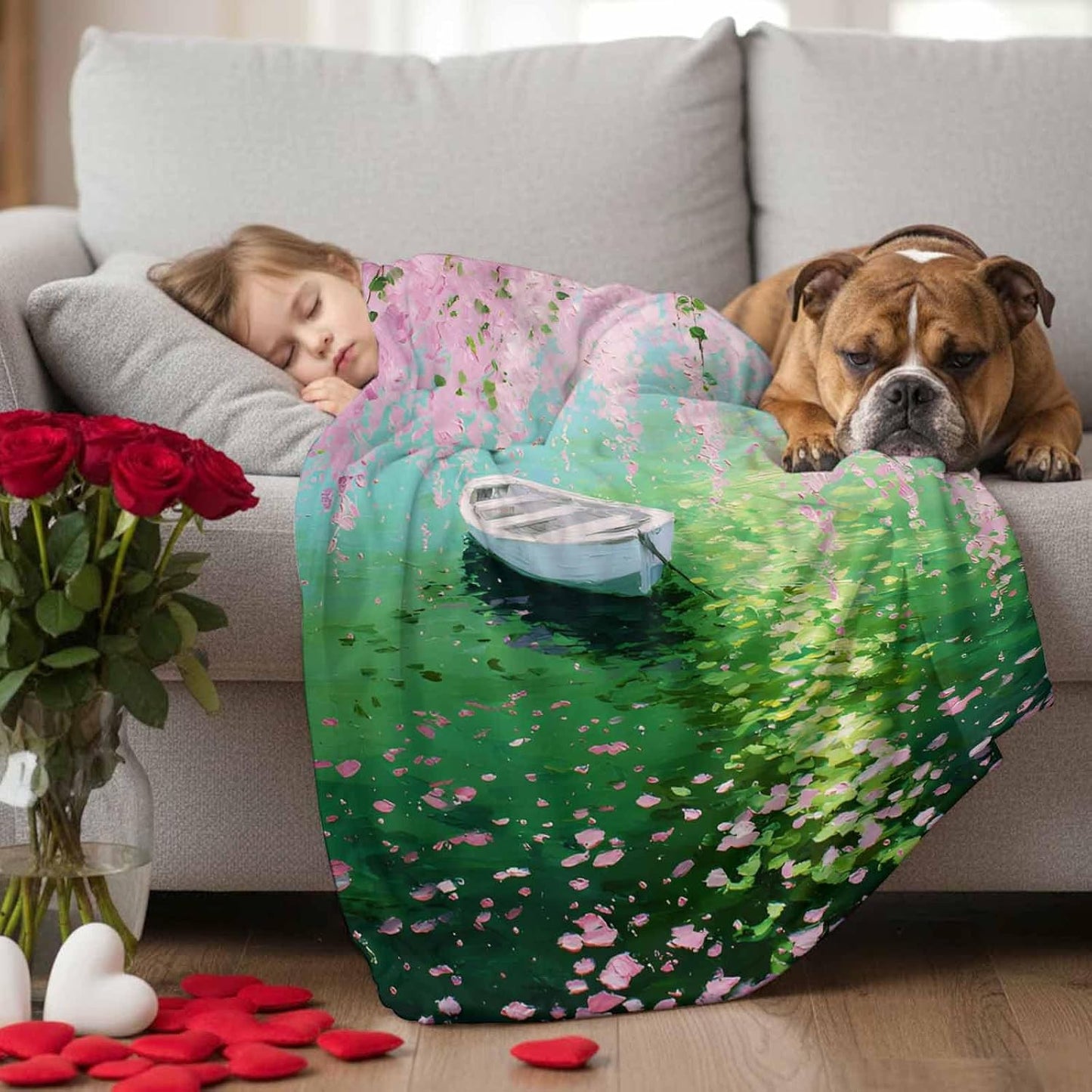 Fleece Throw Blanket, Watercolor Pink Flower Leaves Small Boat Lightweight Warm Coverlet Cozy Soft Flannel Blankets for Couch Bed Sofa Camping for All Seasons Green Lake Water