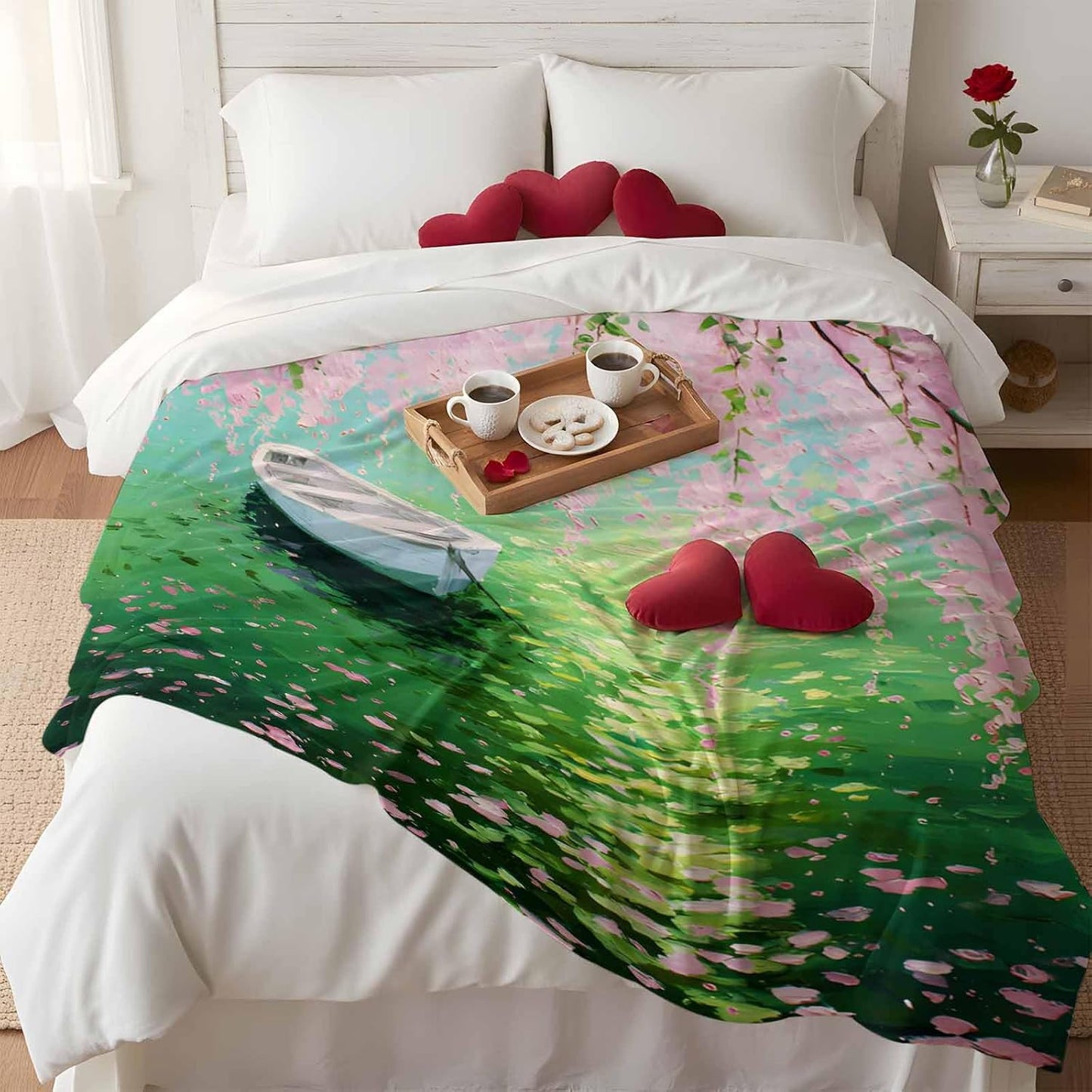 Fleece Throw Blanket, Watercolor Pink Flower Leaves Small Boat Lightweight Warm Coverlet Cozy Soft Flannel Blankets for Couch Bed Sofa Camping for All Seasons Green Lake Water